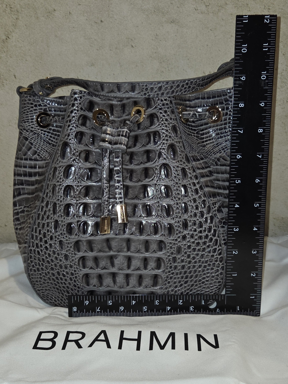 Brahmin Melinda Croc-Embossed Bucket Bag in Grey Plus 2 Additional Accessories - Picture 7 of 9